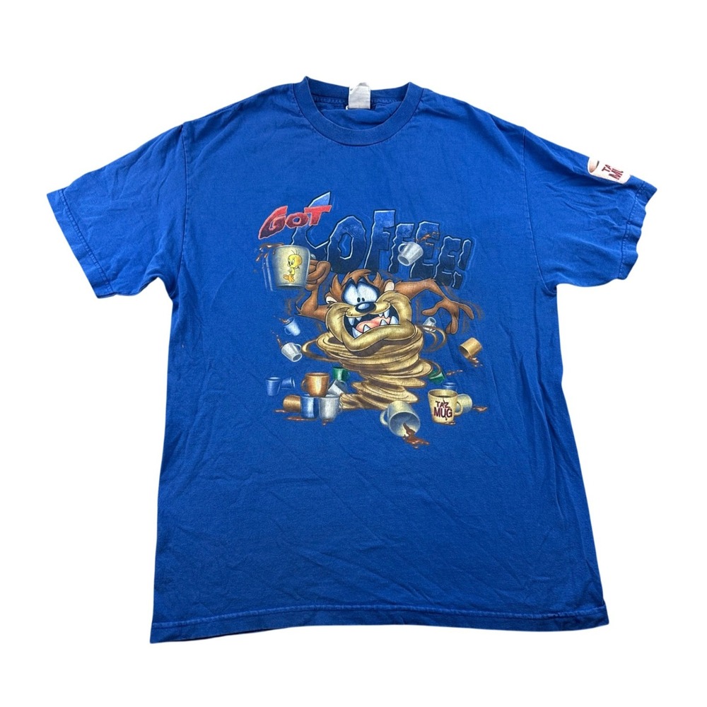 Y2K Looney Tunes Got Coffee? T-Shirt Men XL Blue Taz Warner Bros Crew Cartoon